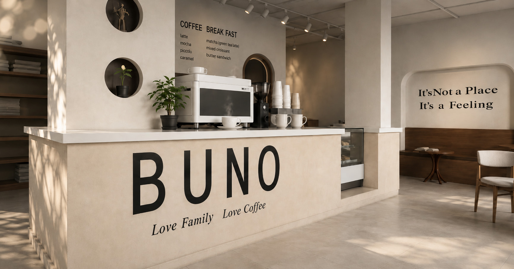 داخل BUNO — كاونتر مع شعار البراند، منيو على الحيطة، وحيطة It's Not a Place It's a Feeling